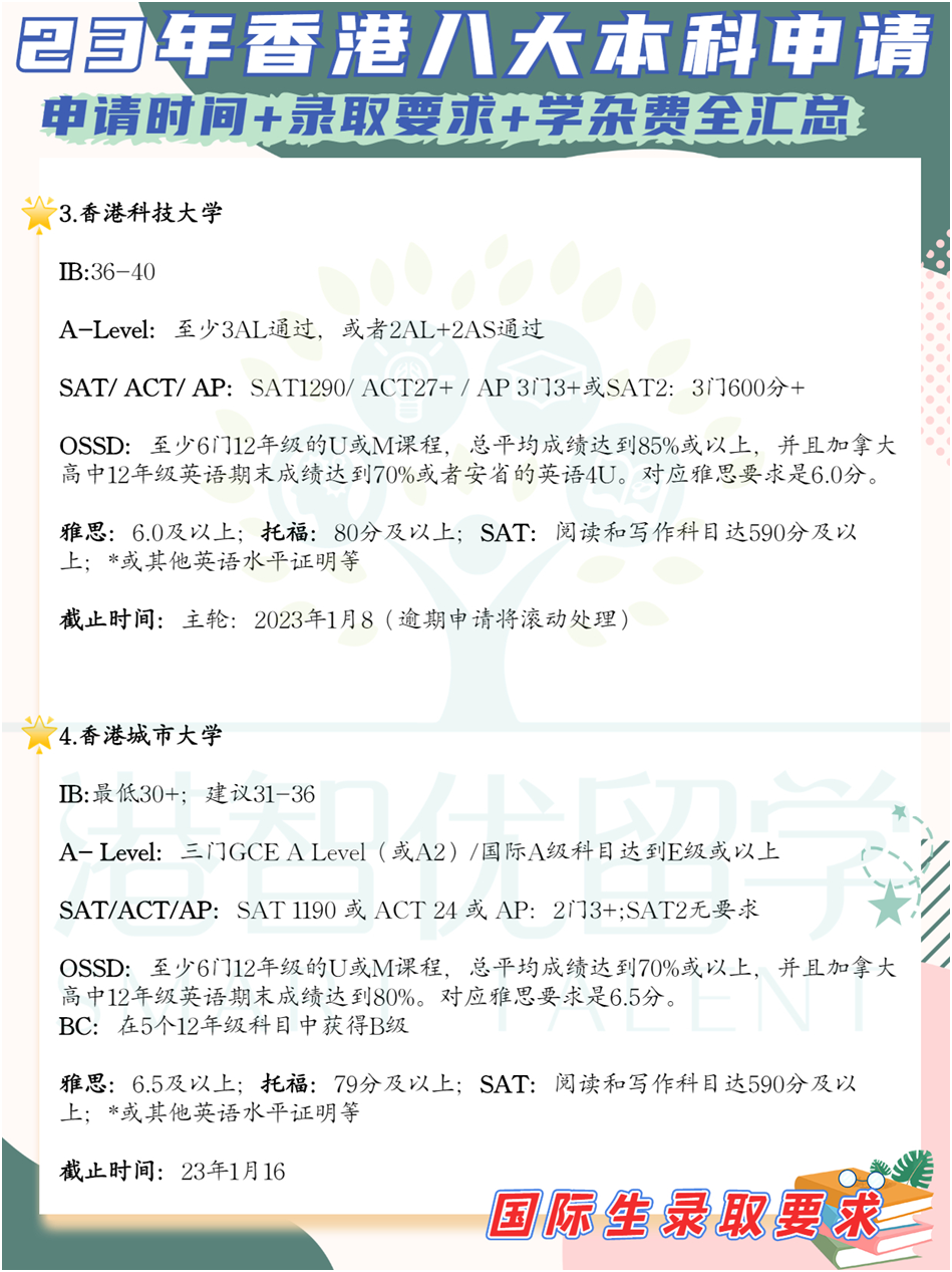 非本地生(高考生/国际生)23-24学年港八大本科入学申请时间+录取要求+学杂费全汇总 非本地生(高考生/国际生)23-24学年港八大本科入学申请时间+录取要求+学杂费全汇总