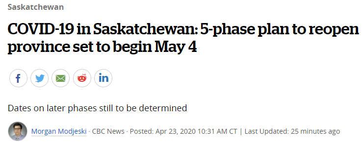 重磅！加拿大决定重启社会生活，萨斯喀彻温省今天宣布5月4日重启经济