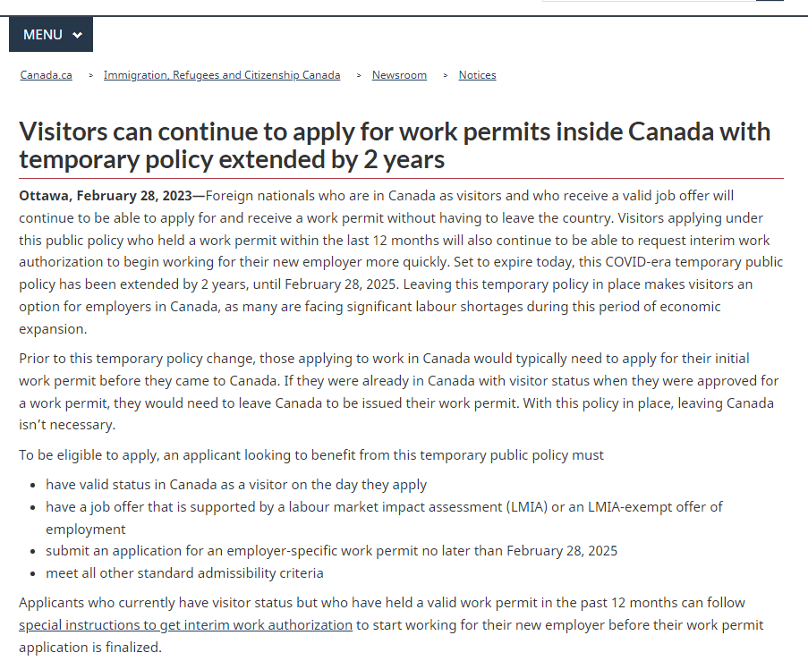 1677662457567833.png 加拿大境内旅游签转工签政策再次延期2年至2025年02月28日